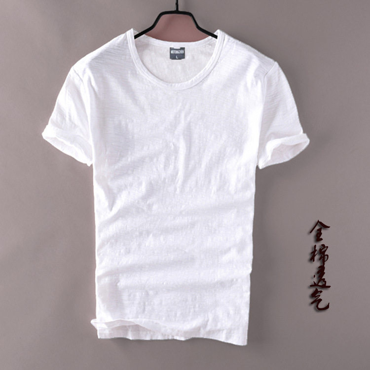 简约纯棉修身春季打底衫男士竹节纱薄款短袖T恤男装上衣日系潮