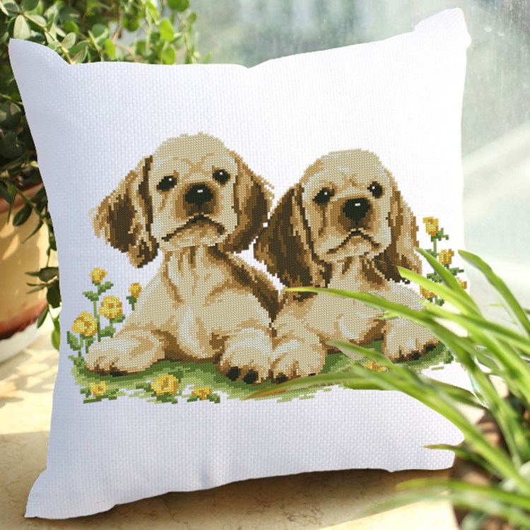 治愈系十字绣抱枕十字绣生肖狗两只狗狗卡通沙发汽车靠垫自己绣