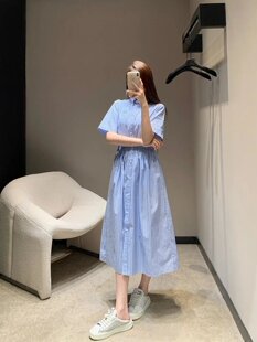 M家纯元 竖条纹衬衫裙显瘦弹力腰围通勤显瘦气质短袖长款连衣裙