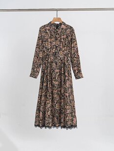 欧洲 纯元重磅真丝拼接水溶蕾丝复古印花气质高级感连衣裙