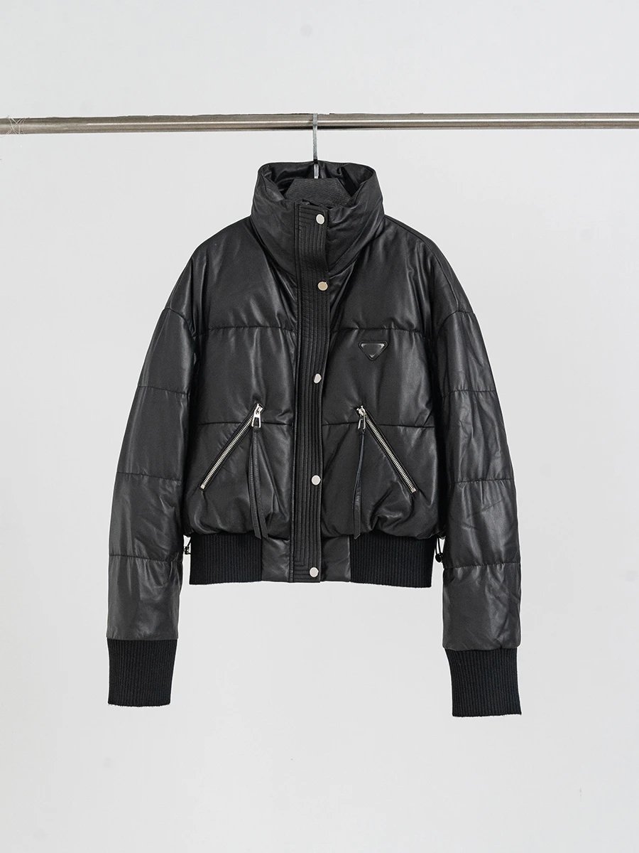 鼎奢 意大利绵羊皮白鸭绒三角铭牌立领高级感皮衣羽绒服外套