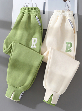 女童冬季裤子2024外穿儿童秋冬加绒卫裤中大童女孩绿色休闲运动裤