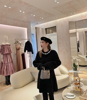 珍珠领粗针羊毛毛衣连衣裙