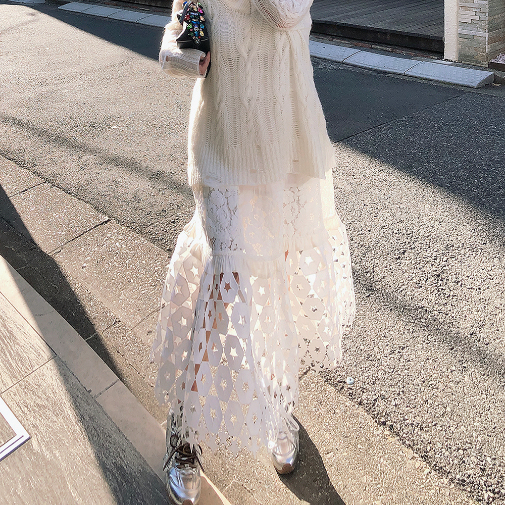 LANGBOOM  匠心蕾丝 重工仙逸纯色松紧腰气质百搭长裙