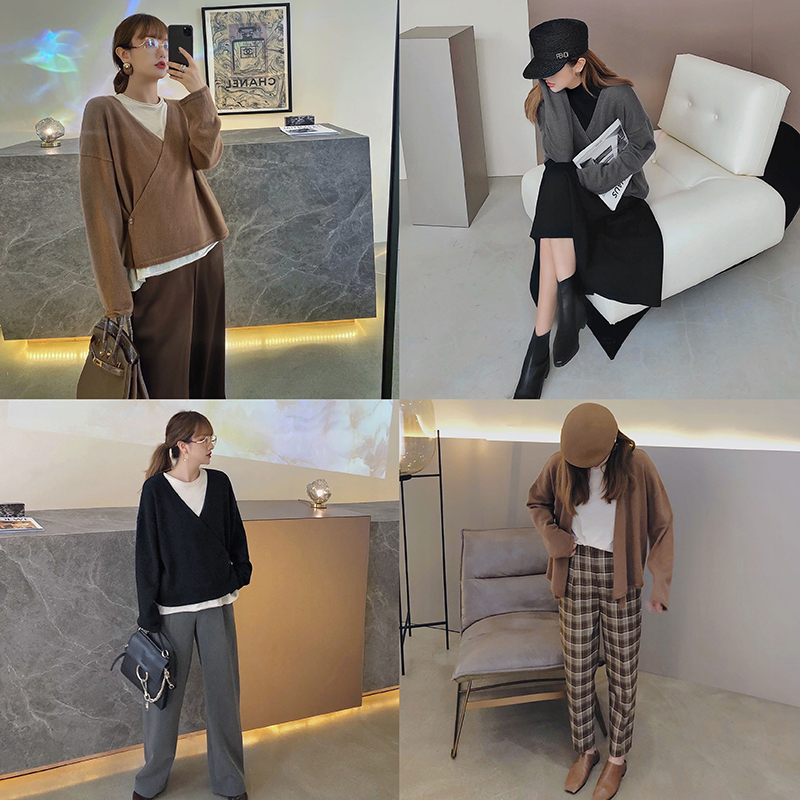 langboom设计款斜扣针织开衫上衣