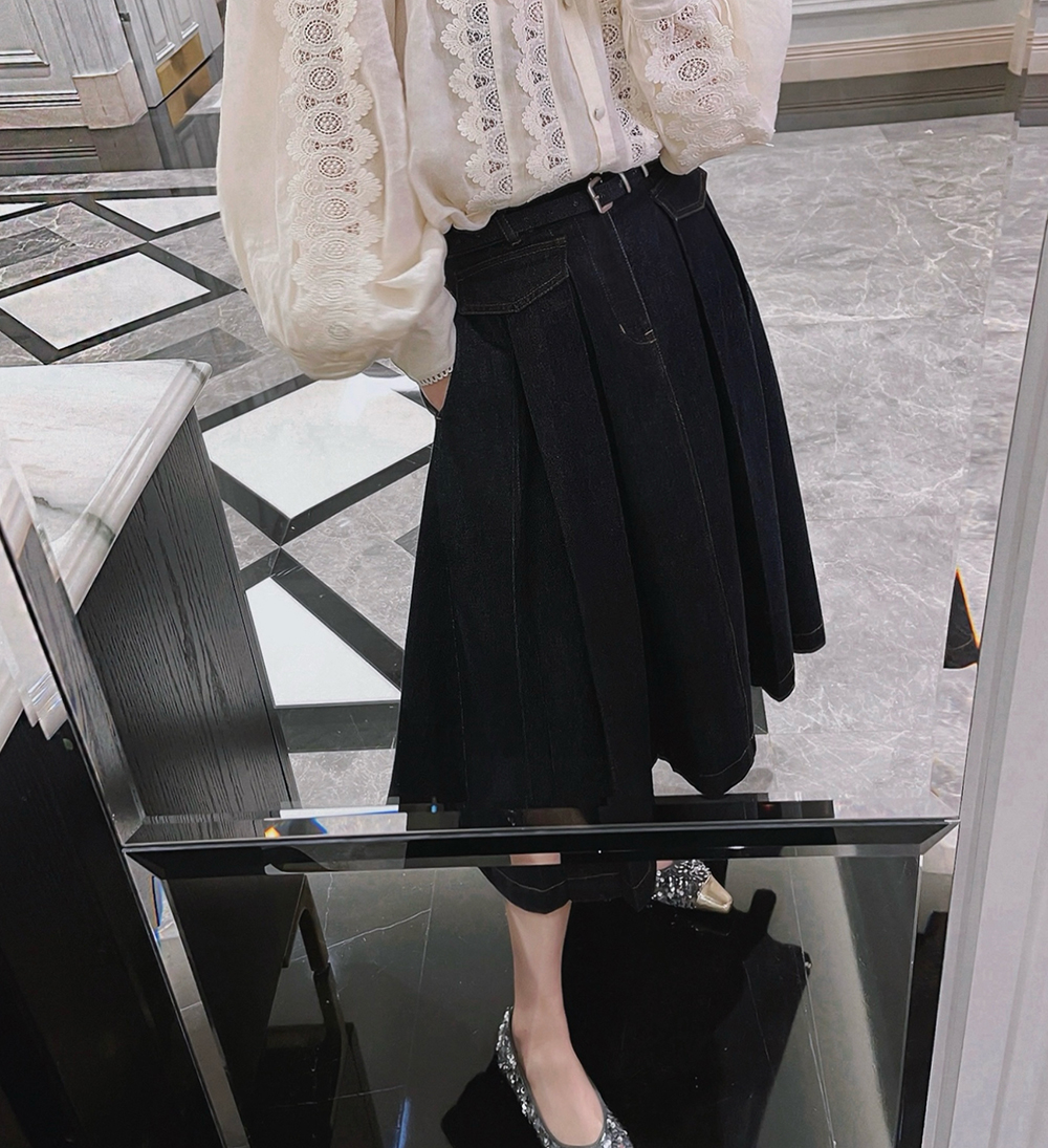 复杂工艺百褶复古牛仔半身裙