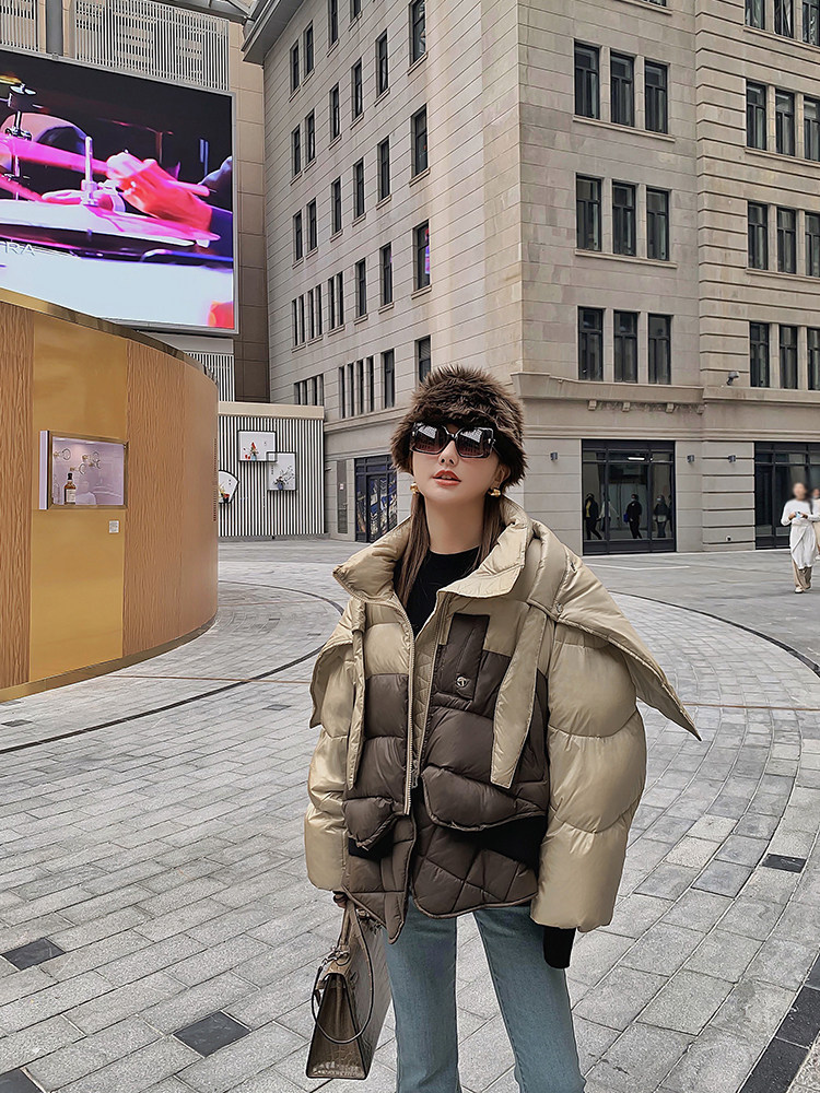 LANGBOOM  榛果可可  拼色时髦白鸭绒可拆卸搭片温柔短款羽绒服,女装/女士精品,羽绒服,淘宝优惠券,粉丝福利购,淘宝优惠卷