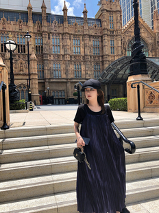 LANGBOOM 墨蓝静谧 百褶蓝色渐变感高级风吊带连衣裙吊带裙