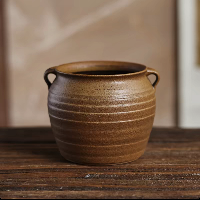 灰念老岩泥双耳建水花瓶古朴老味感建水容量450ml