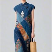 显瘦短袖 女修身 旗袍连衣裙民族风 纯棉牛仔复古印花短袖 2026新款