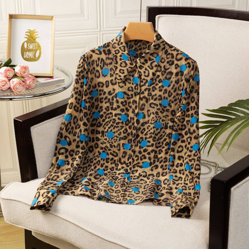 2026新款真丝桑蚕丝复古盘扣立领长袖衬衫女宽松显瘦百搭上衣豹纹