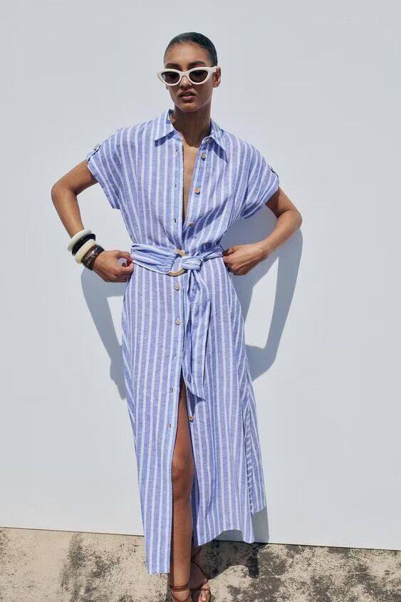 新款时尚女装休闲亚麻混纺条纹衬衫连衣裙潮短袖系带腰带跨境电商