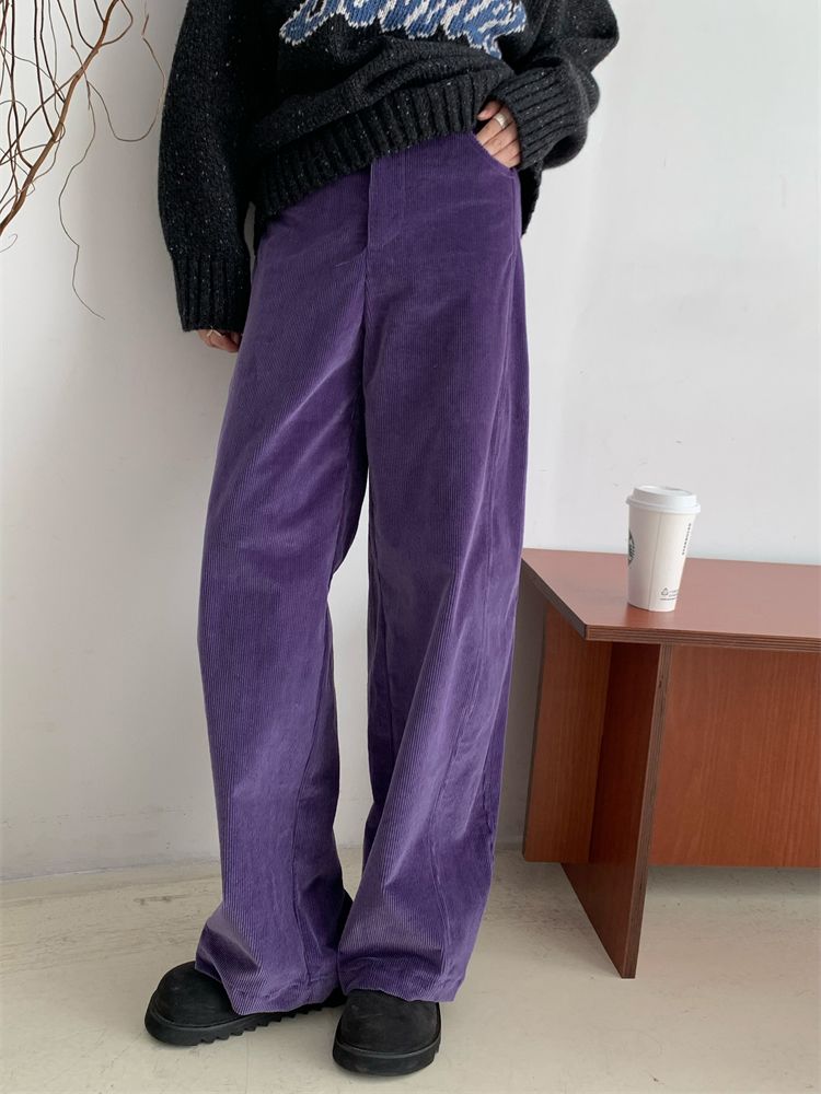 紫色灯芯绒裤子女新款2025秋季新款小个子显高直筒休闲窄版阔腿裤