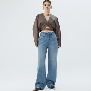 阔腿拖地裤 秋冬高腰收腹牛仔直筒裤 女新疆长绒棉简约抗皱微弹窄版