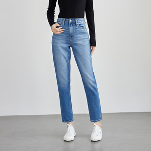 长 直筒牛仔89分裤 米鹰原单外贸女装 蓝色微弹力高腰收口宽松老爹裤