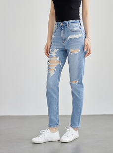 米鹰高腰弹力浅蓝小直筒长裤百搭破洞装饰宽松舒适版型牛仔九分裤