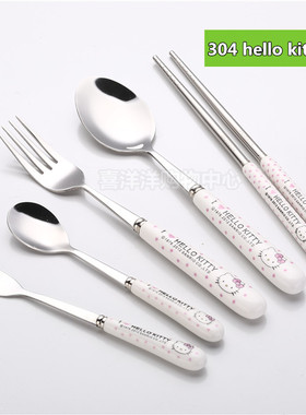 304不锈钢hellokitty图案 陶瓷餐具筷子勺子叉子创意不锈钢餐具