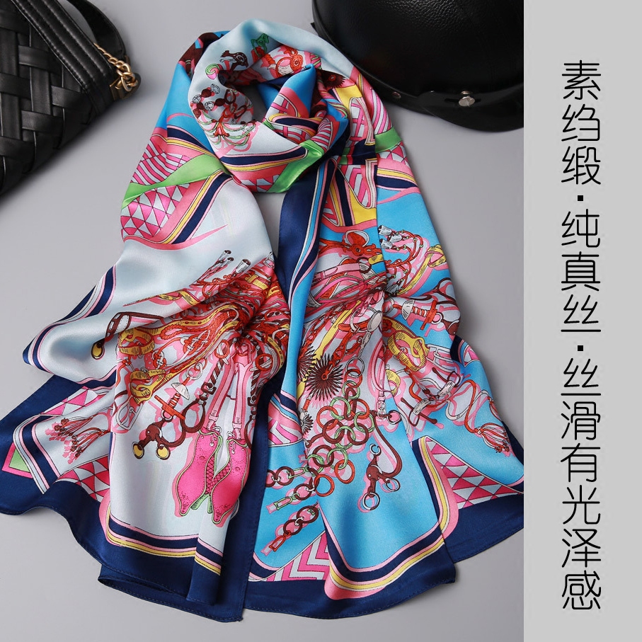 特惠款春秋冬纯真丝蓝色披肩围巾丝巾+100%桑蚕丝长款女夏季防晒