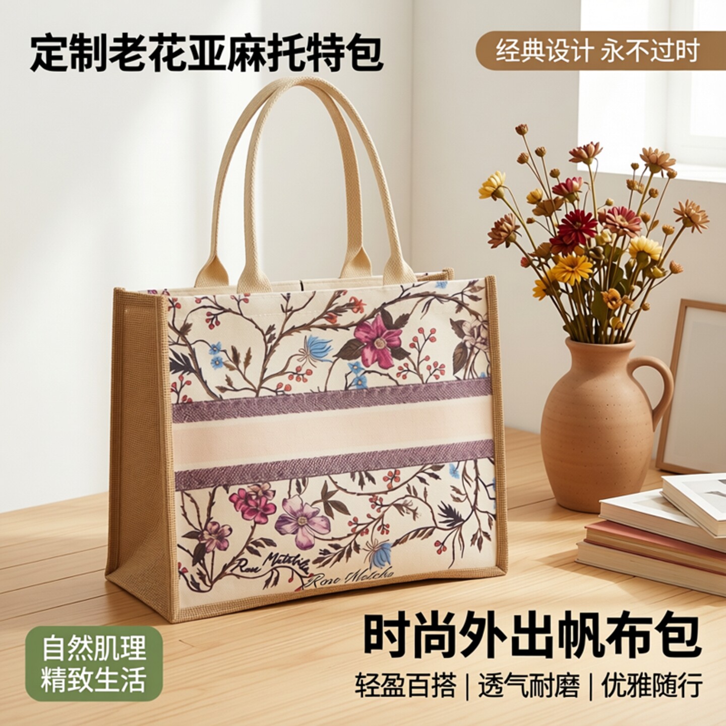 手提袋tote帆布包托特定制老花亚麻拉链麻布袋子时尚外出帆布包包