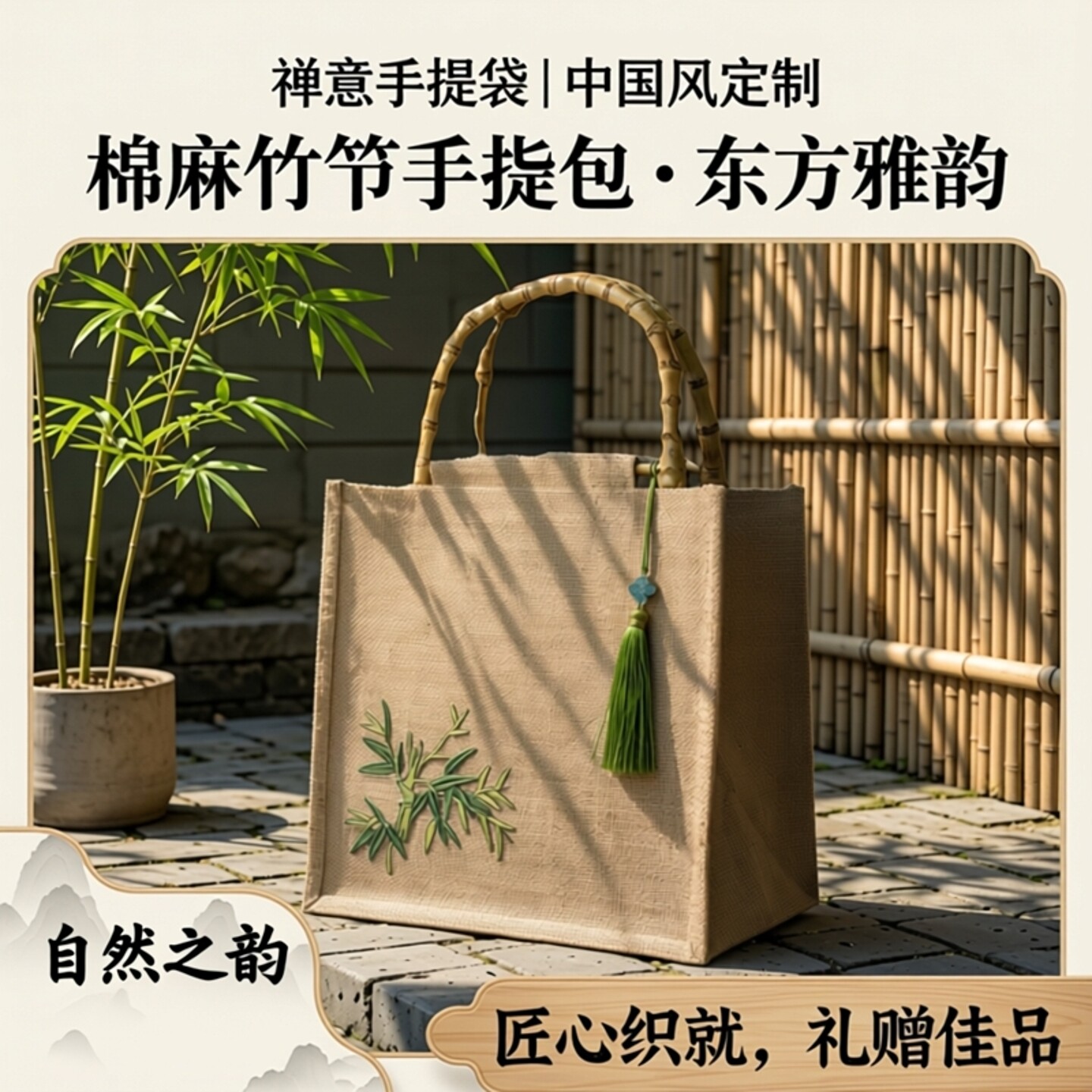 棉麻手提袋定制中国风麻布袋礼品袋禅意包女帆布包竹编竹节手提包