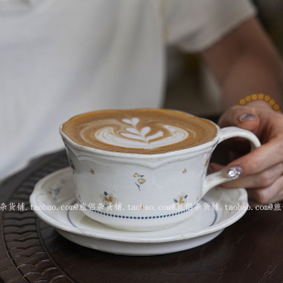 复古窑变做旧碎花陶瓷咖啡杯碟大口径拿铁拉花杯下午茶早餐杯礼物