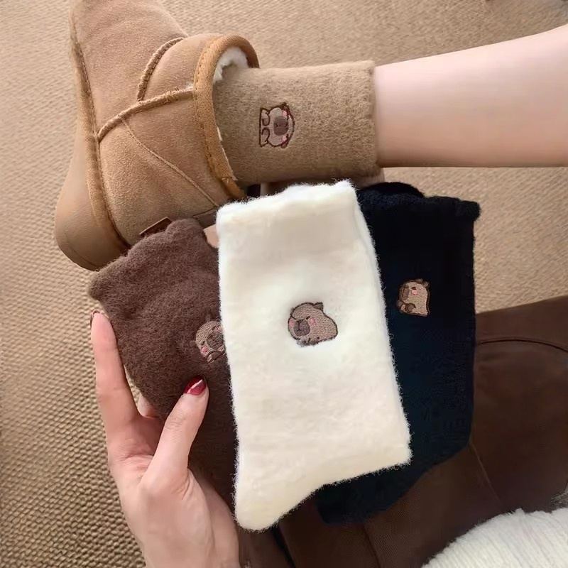 毛绒袜子女款秋冬季加绒加厚保暖中筒袜可爱睡眠地板长袜冬天澳绒