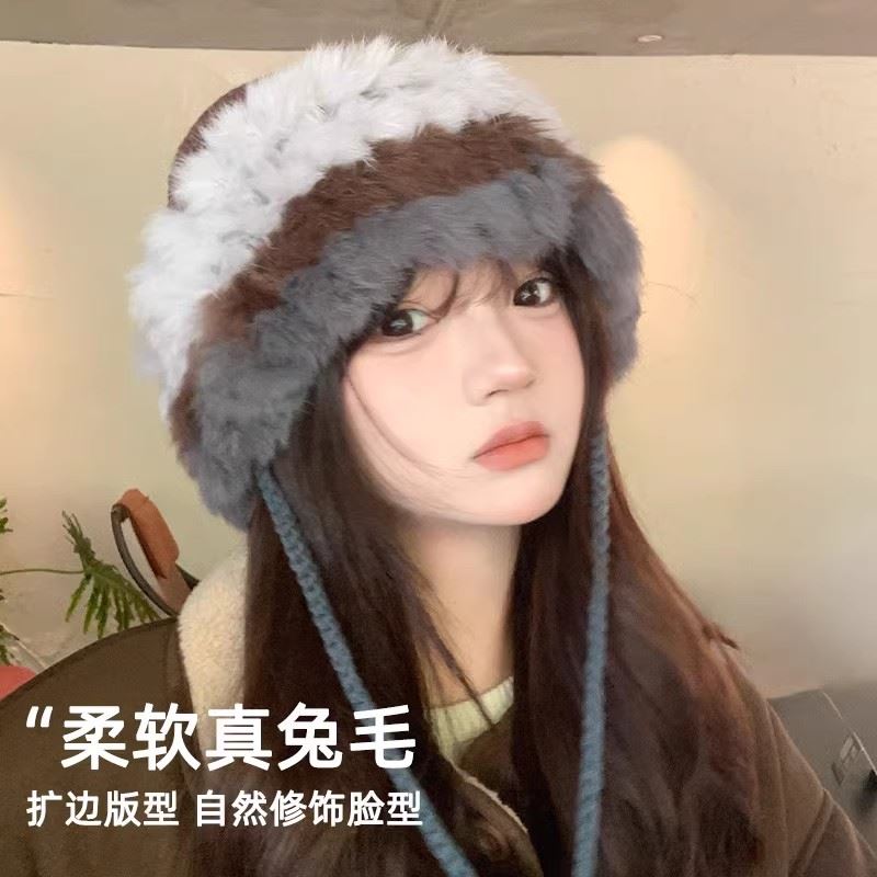 兔毛针织帽女秋冬百搭显脸小加厚保暖系绳盆帽大头围毛绒渔夫帽子