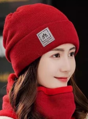 帽子女冬天保暖户外骑车毛线帽加绒防寒秋冬季产后红色针织月子帽
