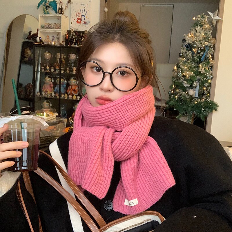 새로운 라즈베리 핑크 울 스카프 여성 가을 겨울 한국어 버전 다목적 솔리드 컬러 레트로 커플 스카프