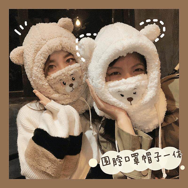 BEAR HAT WINTER CUTE SCARF MASK INTEGRATED EAR CAP WINTER PLUSH SCARF HOODED WOMEN WINDPROOF AND WARM