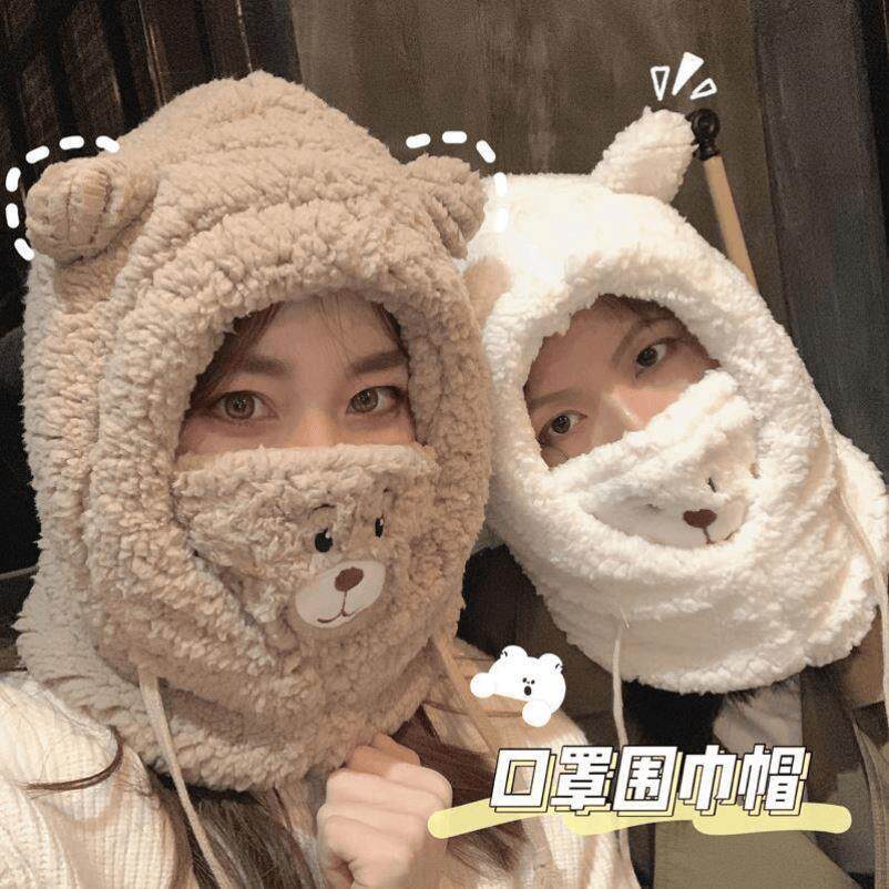 BEAR HAT WINTER CUTE SCARF MASK INTEGRATED EAR CAP WINTER PLUSH SCARF HOODED WOMEN WINDPROOF AND WARM