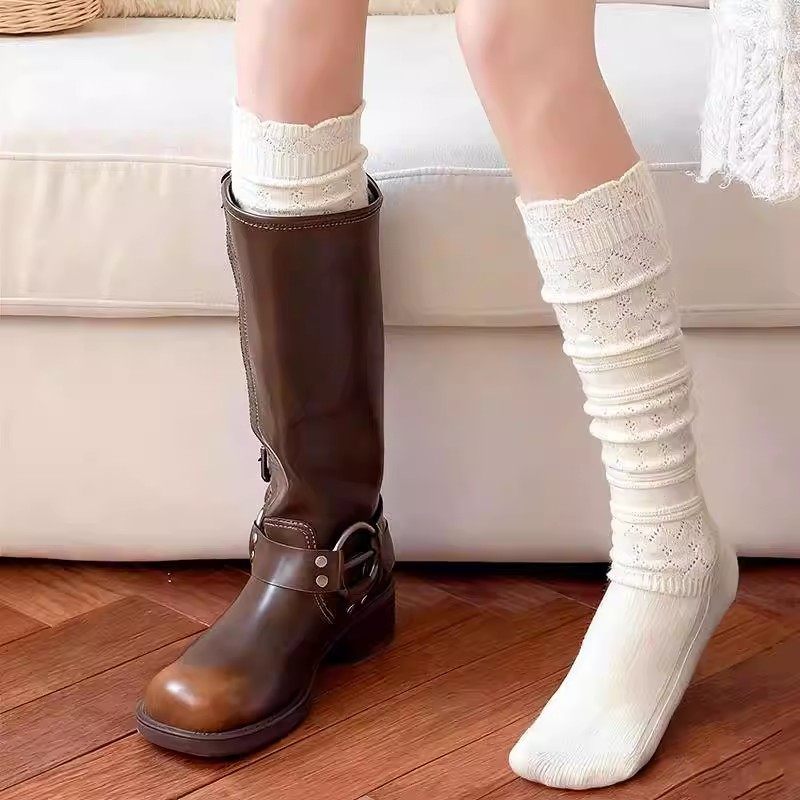 羊毛花边小腿袜女秋冬日系镂空针织堆堆袜配靴子保暖冬季长筒靴袜