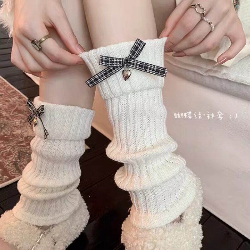 白色袜套女秋冬款蝴蝶结保暖小腿袜子网红长筒腿套芭蕾风堆堆袜潮