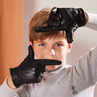 儿童皮手套男孩秋冬加绒加厚羊皮小孩骑车大童真皮女童薄款防风