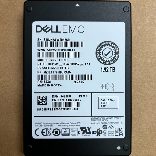 DELL TMTW9 0498F8 1.92T SAS 12Gb PM1643A MZILT1T9HBJRAD4 SSD