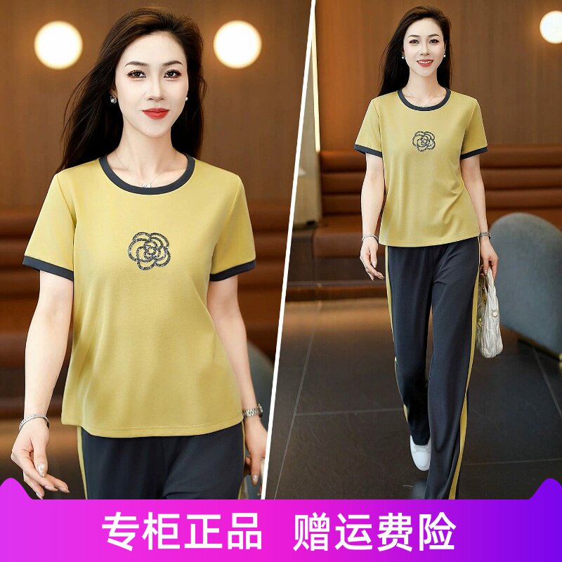 依之恋纯夏季冰丝休闲运动套装女2026时尚圆领显瘦短袖长裤两件套