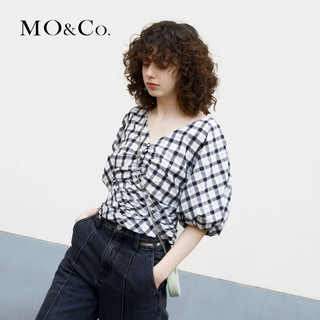 MOCO夏季新品格纹上衣法式泡泡袖短袖截短衬衫束腰衬衣设计感小众