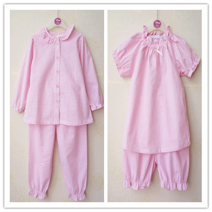 西松女童春秋夏纯棉泡泡纱布家居服长袖短袖套头睡衣清新可爱