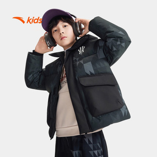 安踏儿童2025年冬季 男大童篮球三防潮欧文满印连帽羽绒服1908 新款