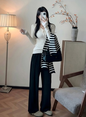 Beau Muse羊毛蚕丝窄版阔腿裤无腰绳加绒加厚蓄热保暖遮肉显瘦