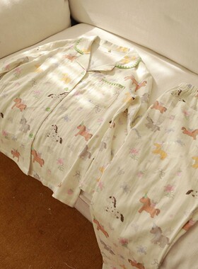 可爱小马驹睡衣女春秋季纯棉纱布本命年全棉婴儿棉纱家居服套装