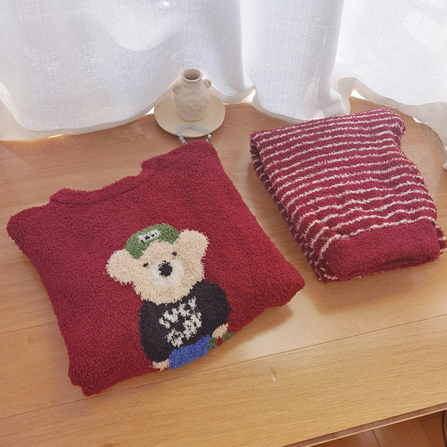 复古红条纹熊睡衣女冬季软绵绵半边绒保暖加绒加厚休闲外穿家居服,女士内衣/男士内衣/家居服,睡衣/家居服套装,淘宝优惠券,粉丝福利购,淘宝优惠卷