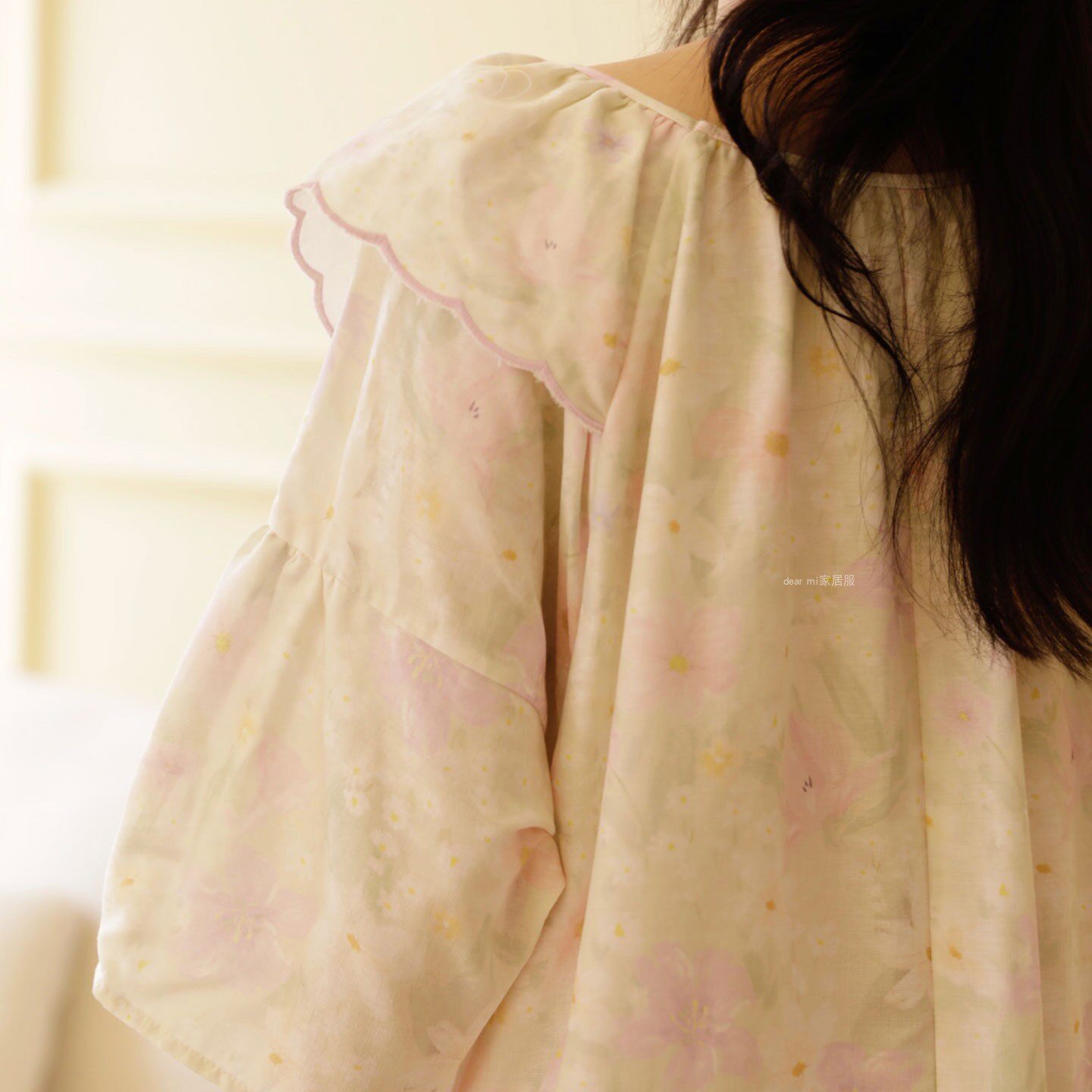 碎花睡裙女秋季纯棉纱布荷叶边长裙短袖孕妇裙宽松大码家居服睡衣