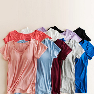 莫代尔带胸垫恤女夏睡衣内衣胸罩薄款吊带背心短袖上衣外穿brat恤