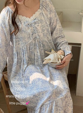 韩系纯棉睡裙双层纱布婴儿棉国风水墨画狗狗宽松大码长裙家居睡衣