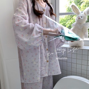 韩风紫色碎花小兔子纯棉双层纱布居家服柔软棉纱家居服春秋女睡衣