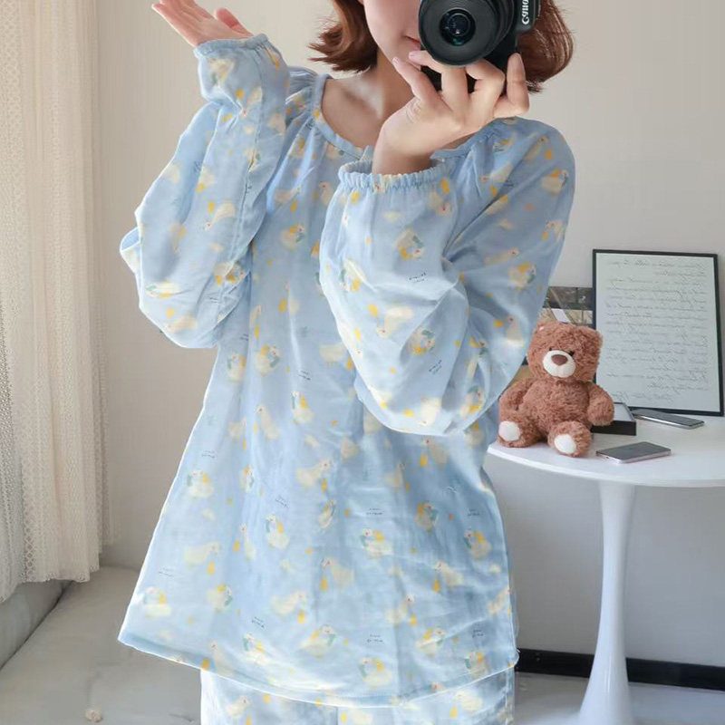 睡衣女夏季纯棉纱布奶蓝baby鹅短袖长裤居家服圆领短裤家居服套装