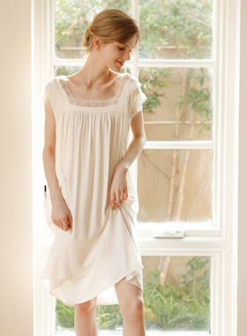 纯欲风蕾丝睡裙女夏季人棉贡缎无袖方领白色冰丝感家居服法式睡衣