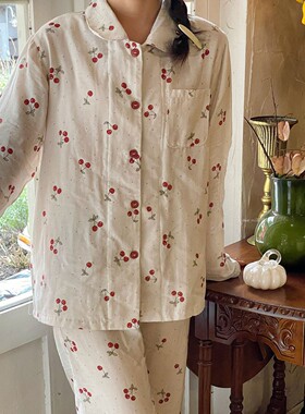 樱桃睡衣女春秋季纯棉纱布新款白鹿同款长袖短袖长裤全棉家居服