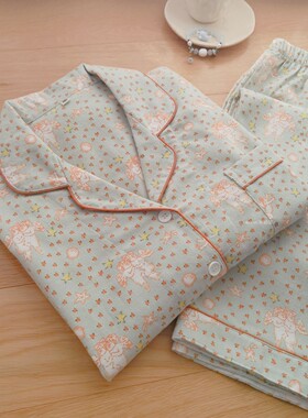 薄荷绿天使睡衣女春秋新款纯棉磨毛绒布保暖全棉法兰绒冬天家居服